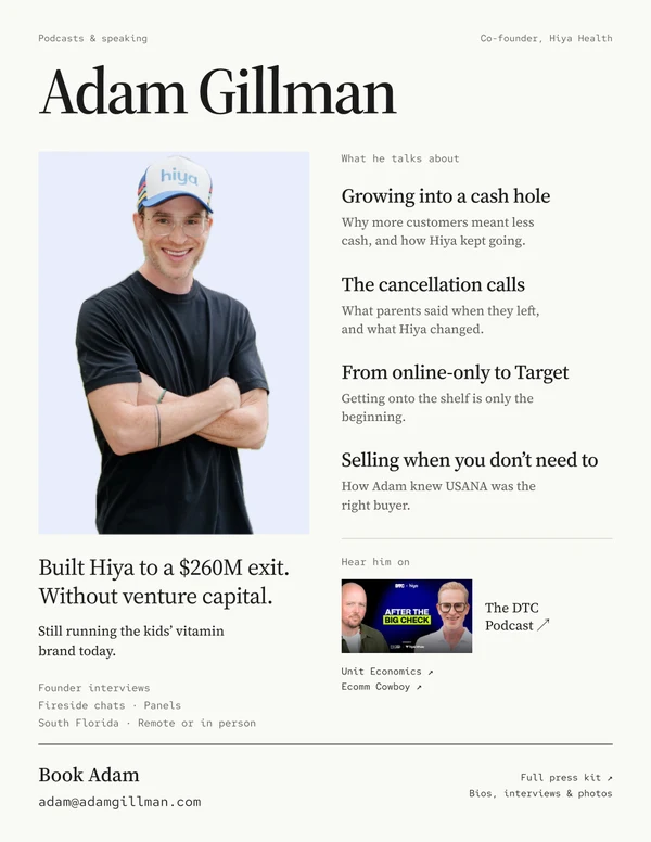 Preview of Adam’s one-page speaker sheet